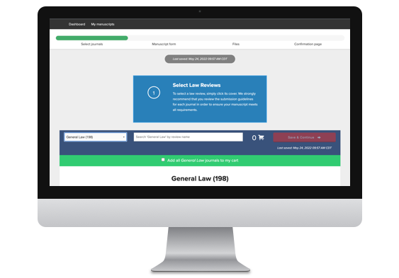 Screenshots of Scholastica's law review submission pool on a computer.