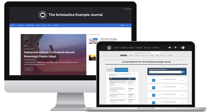Screenshots of Scholastica on multiple devices