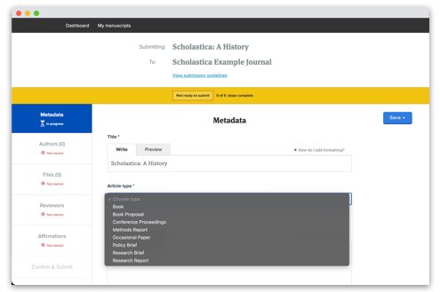 Image of Scholastica peer review software manuscript submission feature.