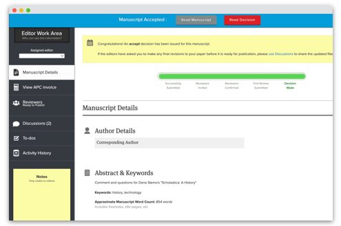 Scholastica peer review software manuscript work area highlighting an APC invoice.