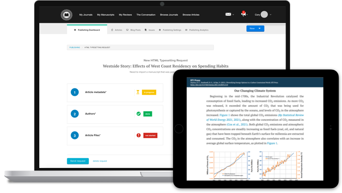 Scholastica production dashboard and a screenshot of an article typeset by Scholastica production service on multiple devices.