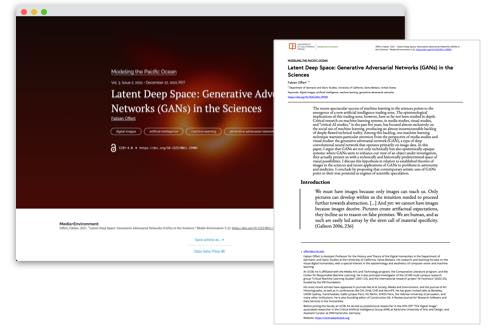 Screenshot of an HTML article and PDF article that used Scholastica production service.