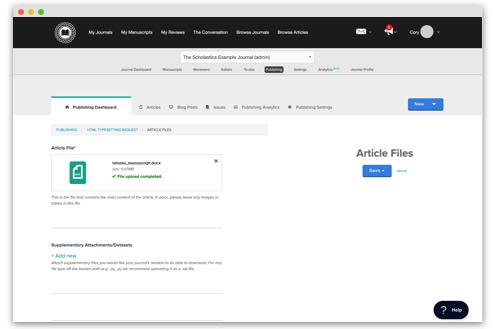 Scholastica's production service dashboard add article files feature.