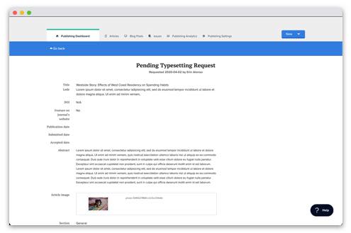 Screenshot of an article about to be sent to Scholastica for typesetting.